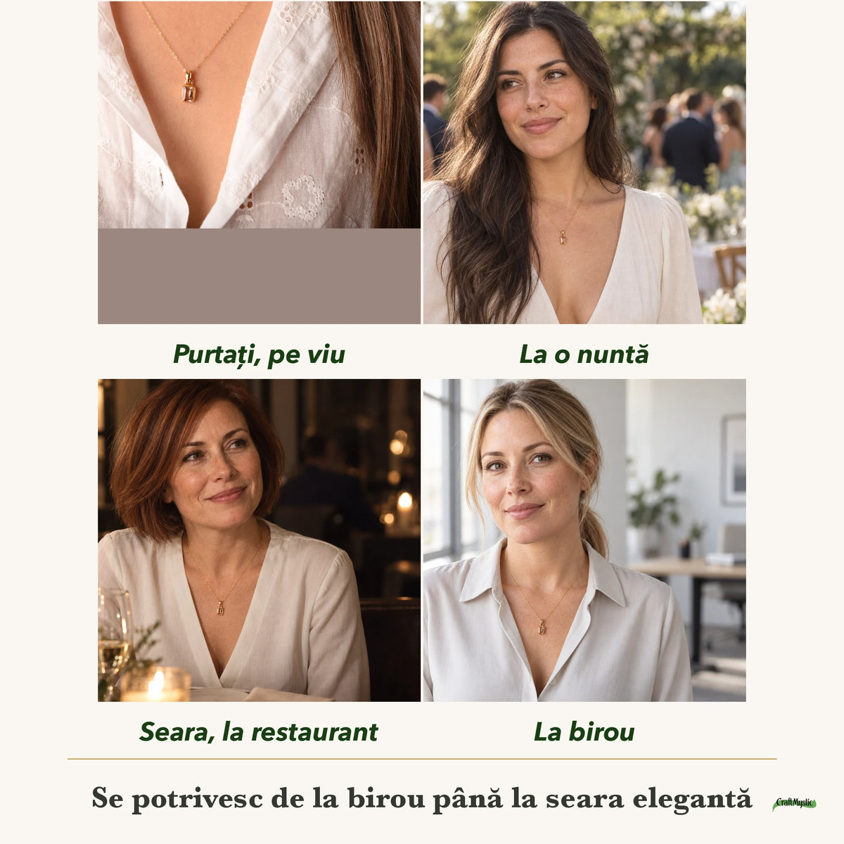 Colier cu Turmalină Roz purtați de patru femei, la nuntă, seara, la birou și la o aniversare