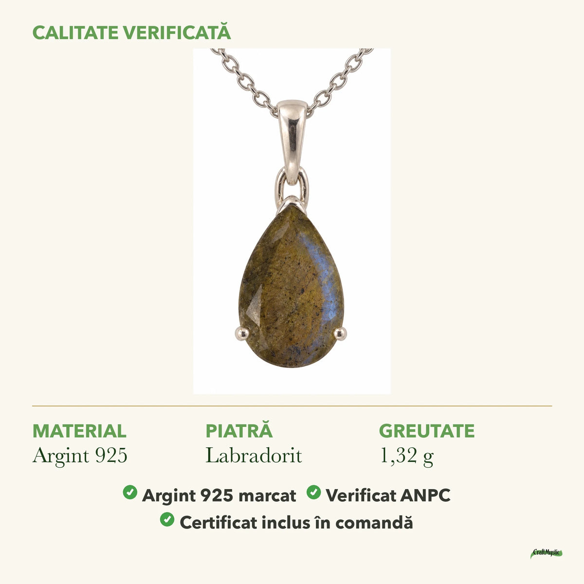 Colier cu Labradorit: material, dimensiunea pietrei, greutate și marcajul 925