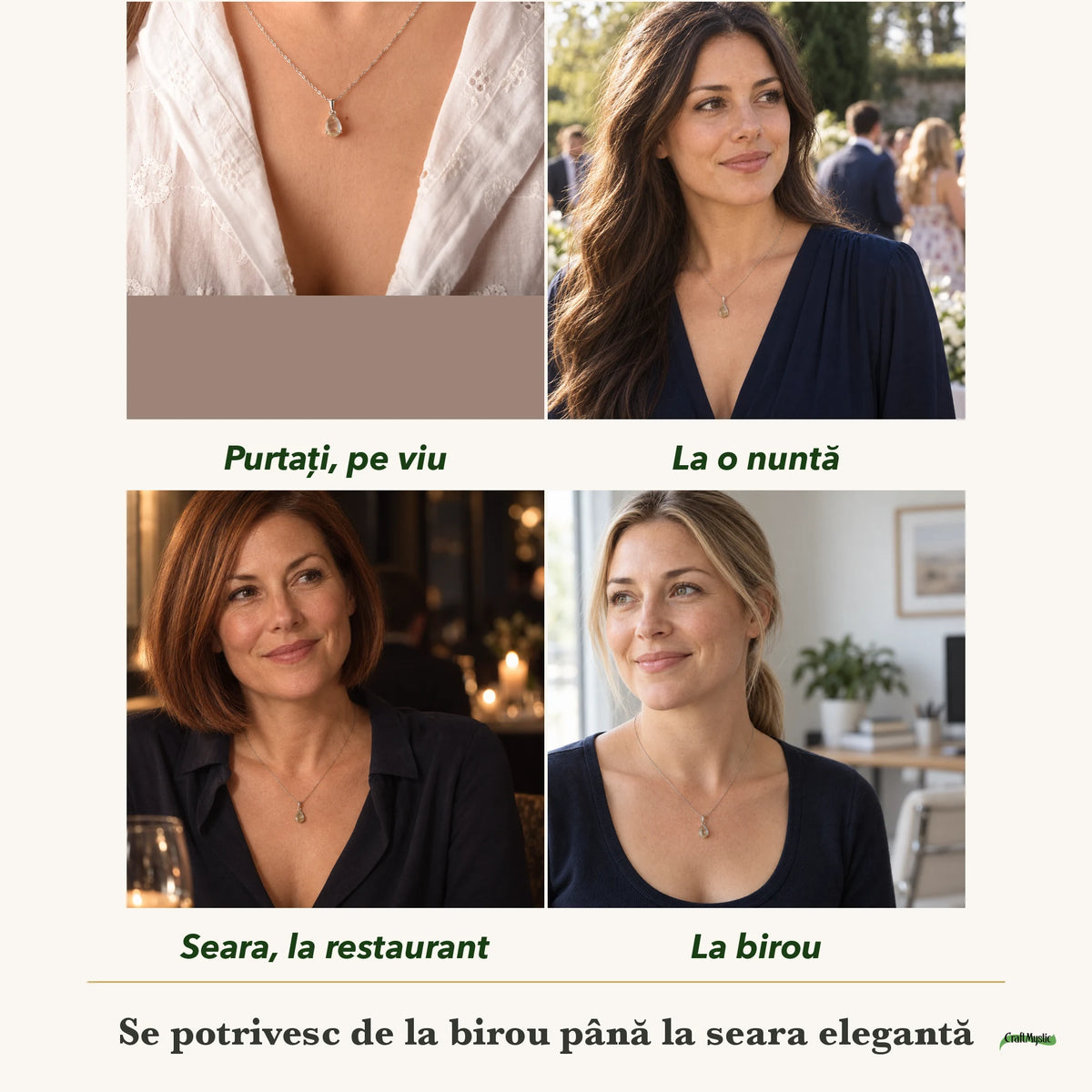 Colier cu Labradorit purtați de patru femei, la nuntă, seara, la birou și la o aniversare
