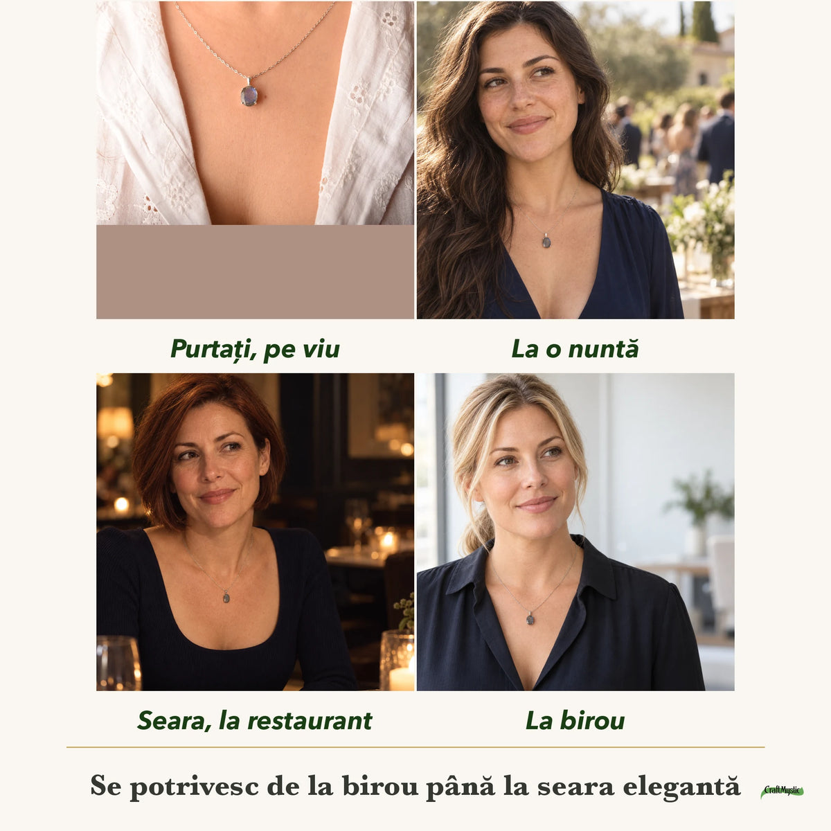 Colier cu Labradorit purtați de patru femei, la nuntă, seara, la birou și la o aniversare