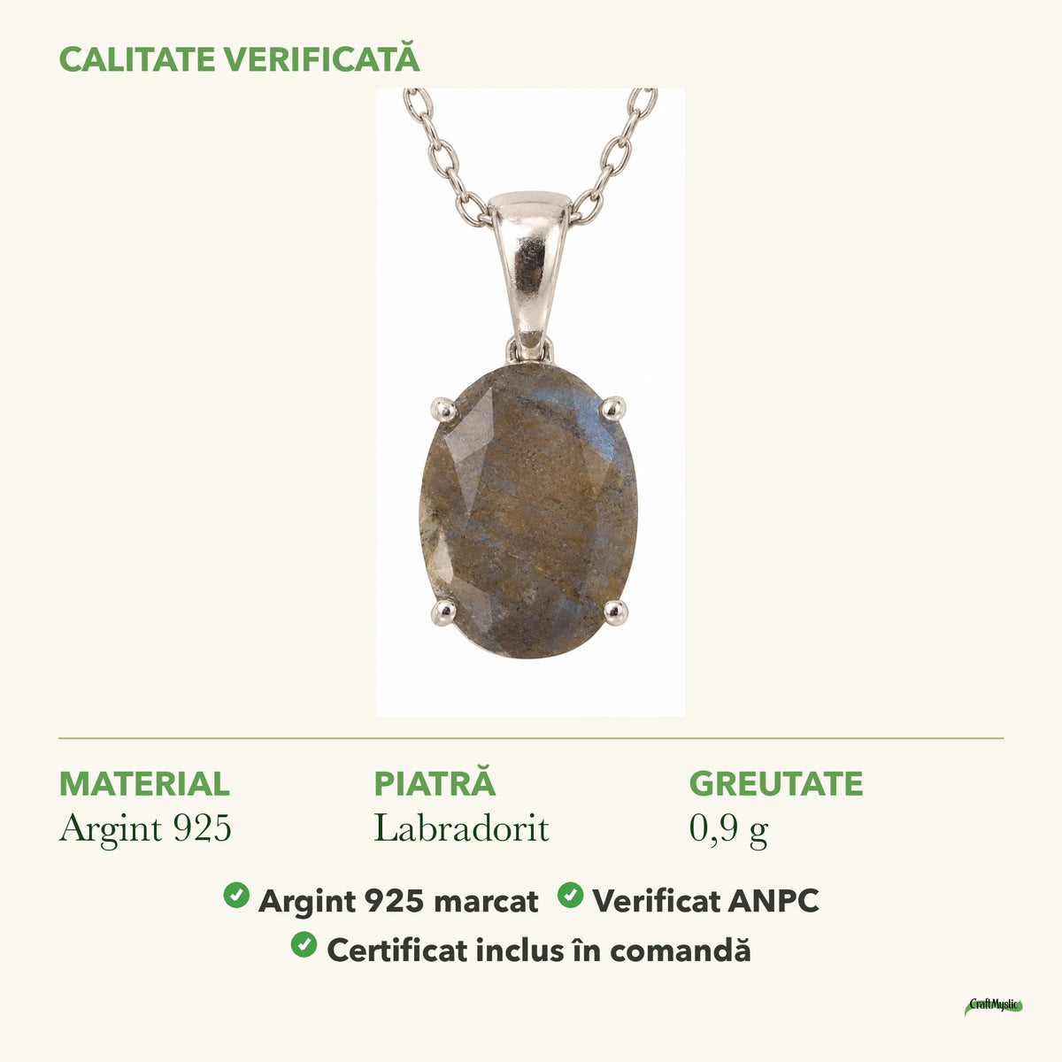 Colier cu Labradorit: material, dimensiunea pietrei, greutate și marcajul 925