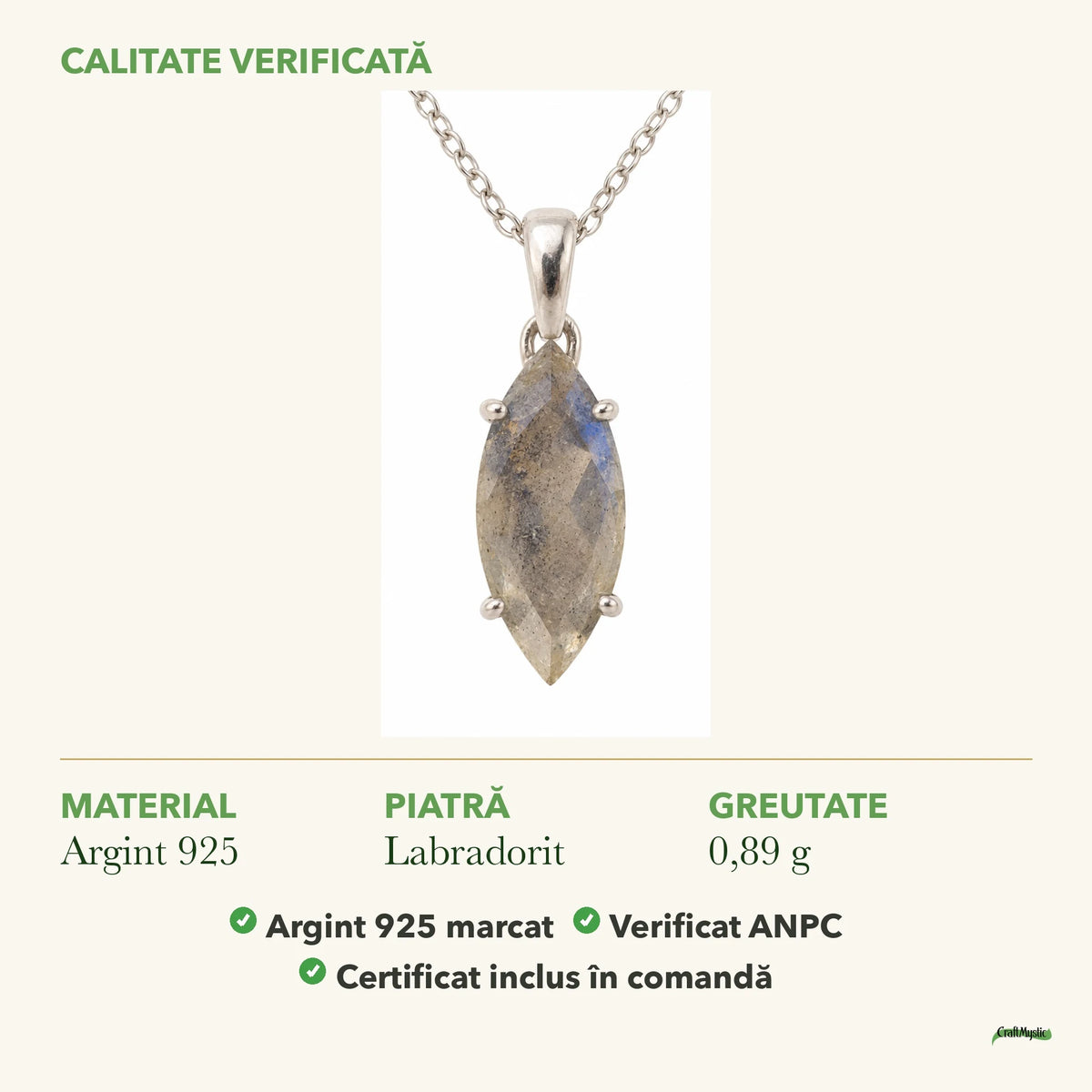 Colier cu Labradorit: material, dimensiunea pietrei, greutate și marcajul 925