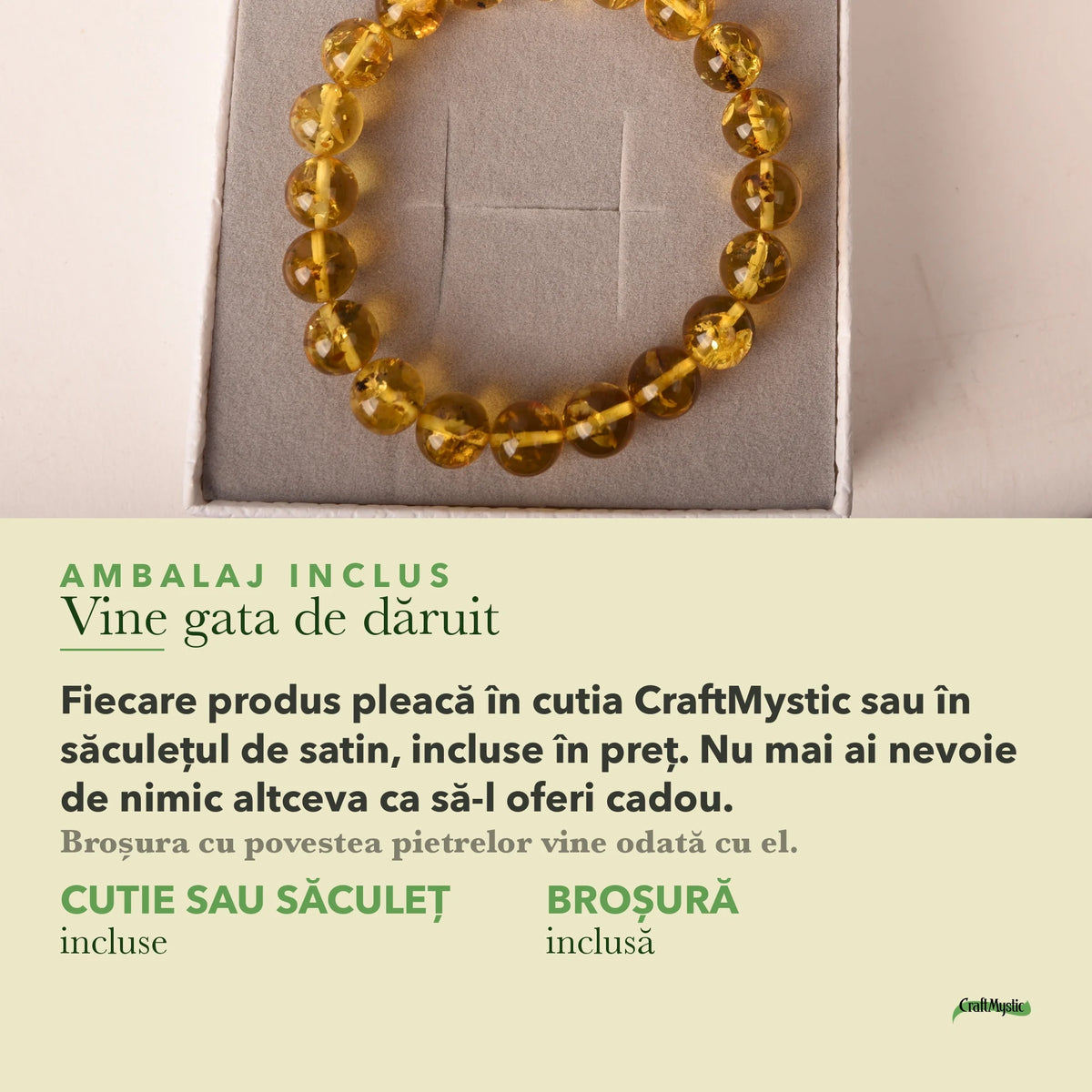 Brățară cu Chihlimbar în cutia cadou CraftMystic, cu certificatul de calitate