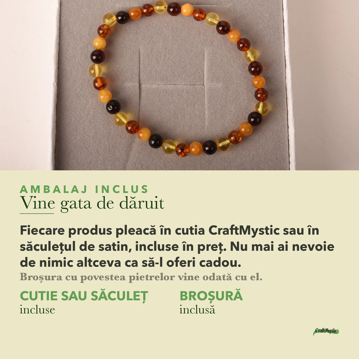 Brățară cu Chihlimbar în cutia cadou CraftMystic, cu certificatul de calitate