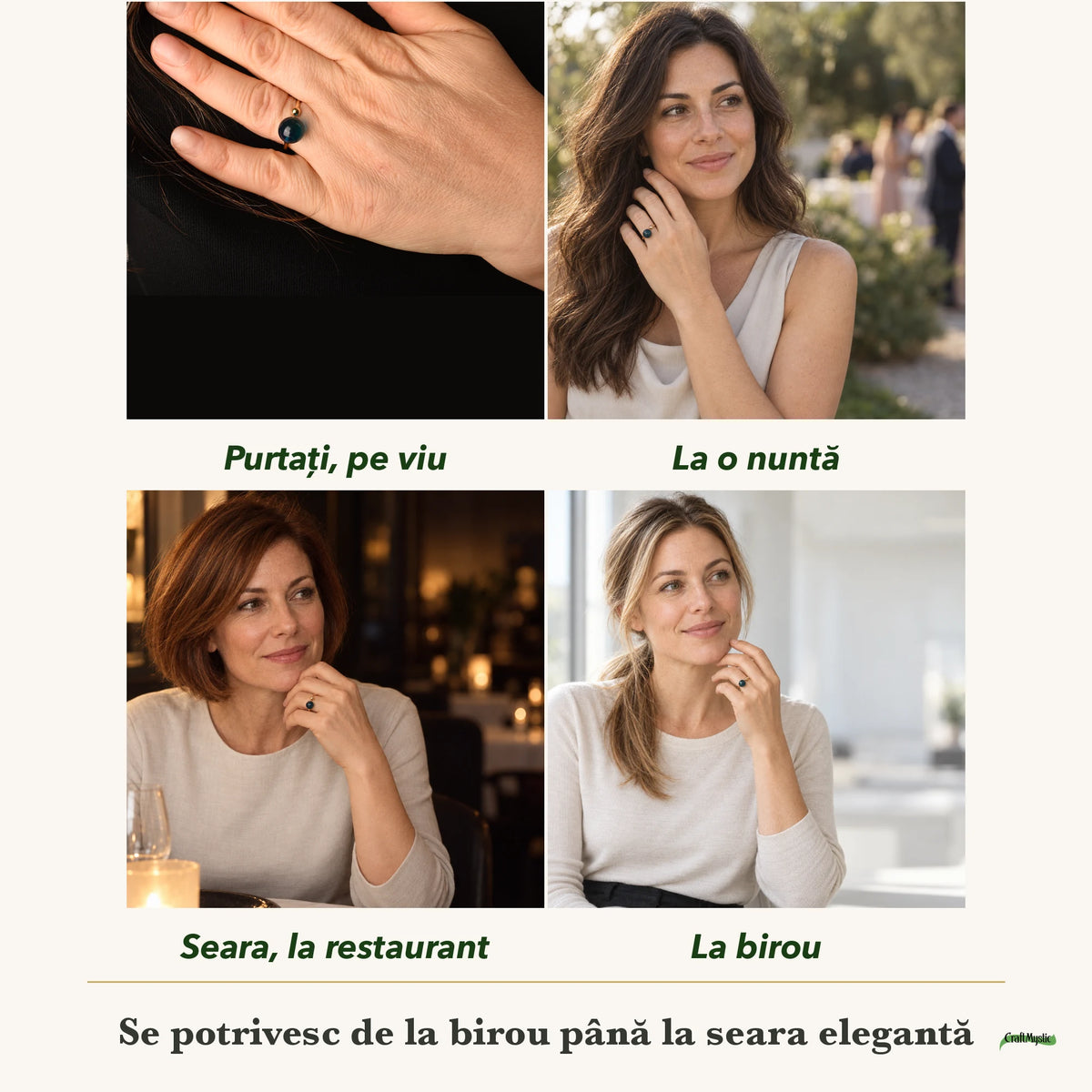Inel cu Chihlimbar purtați de patru femei, la nuntă, seara, la birou și la o aniversare