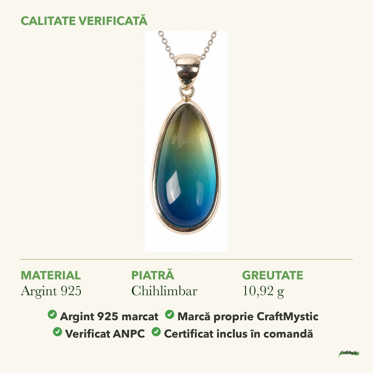 Colier cu Chihlimbar: material, dimensiunea pietrei, greutate și marcajul 925