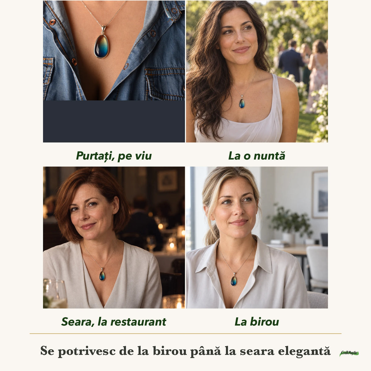 Colier cu Chihlimbar purtați de patru femei, la nuntă, seara, la birou și la o aniversare