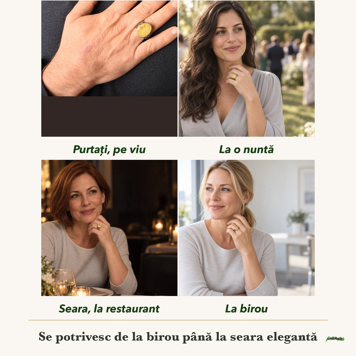 Inel cu Chihlimbar purtați de patru femei, la nuntă, seara, la birou și la o aniversare