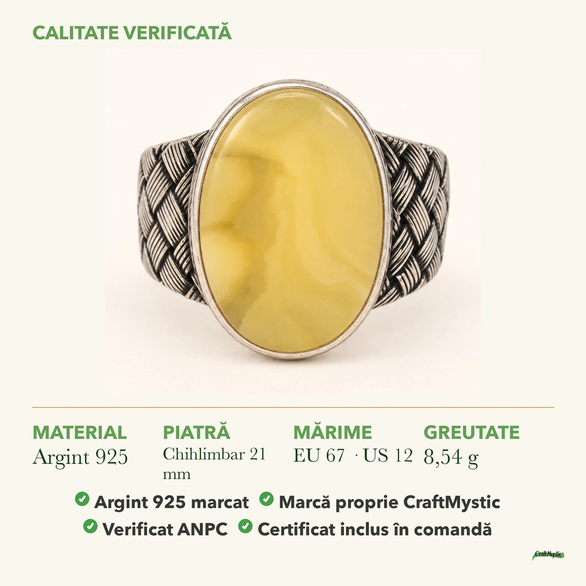 Inel cu Chihlimbar: material, dimensiunea pietrei, greutate și marcajul 925