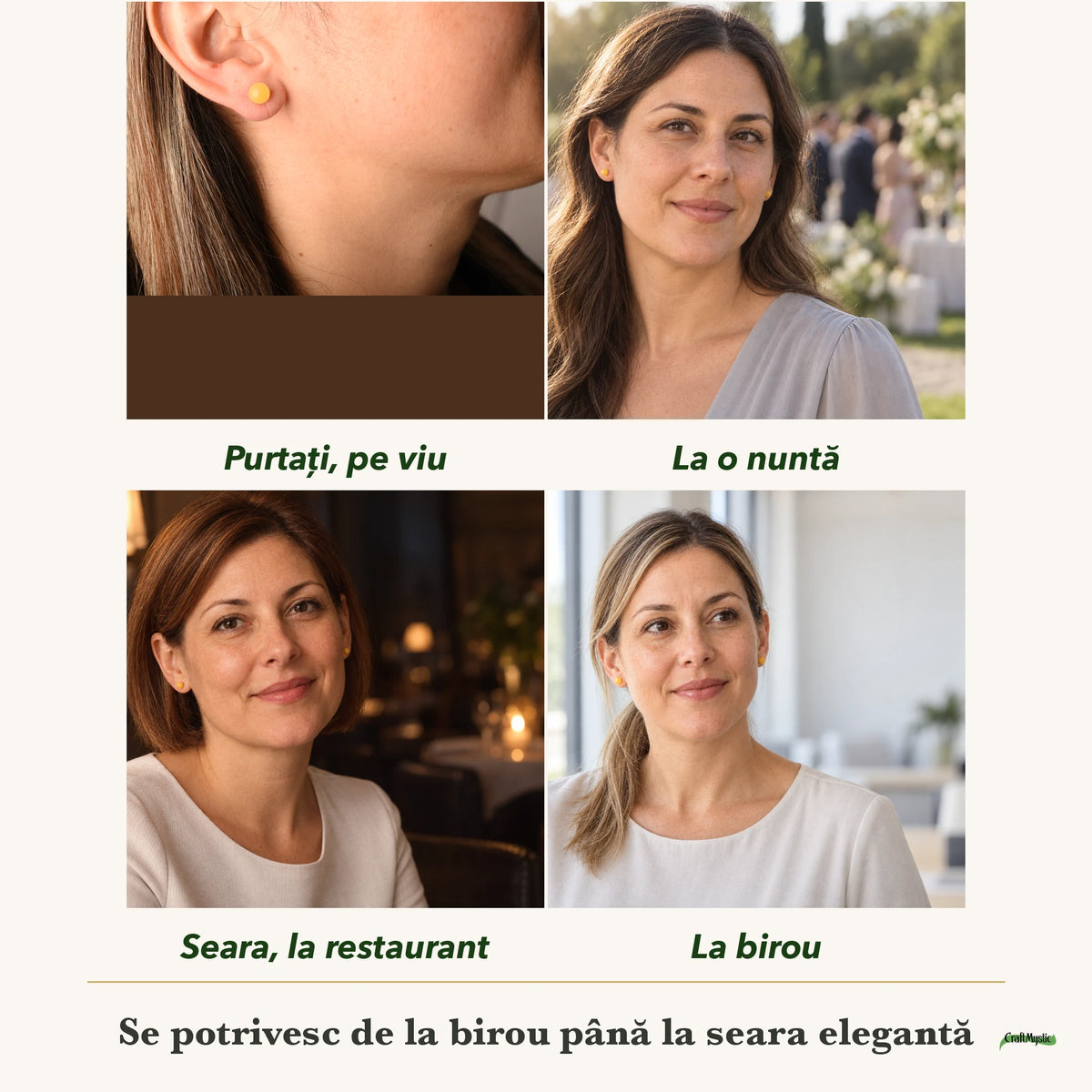 Cercei cu Chihlimbar purtați de patru femei, la nuntă, seara, la birou și la o aniversare