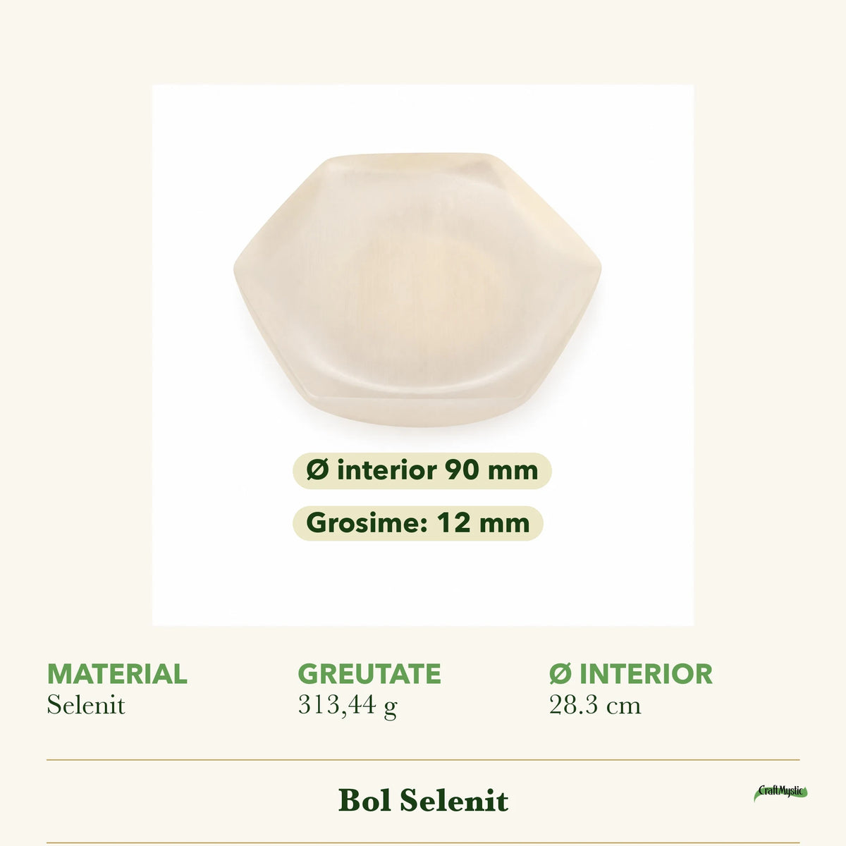 Cât de mare e Bol Selenit cu Selenit, cu un obiect alături pentru scară