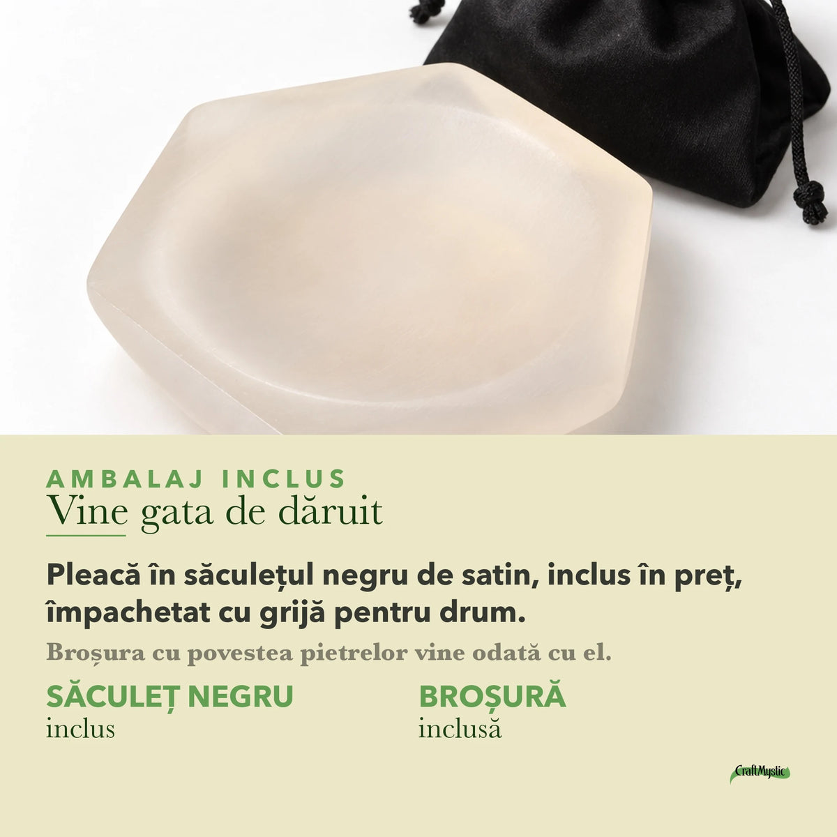 Bol Selenit cu Selenit lângă săculețul negru de satin în care vine