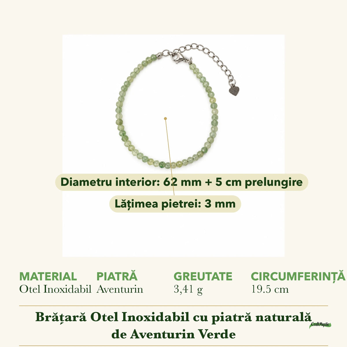 Dimensiunile și potrivirea pentru Brățară cu Aventurin Verde