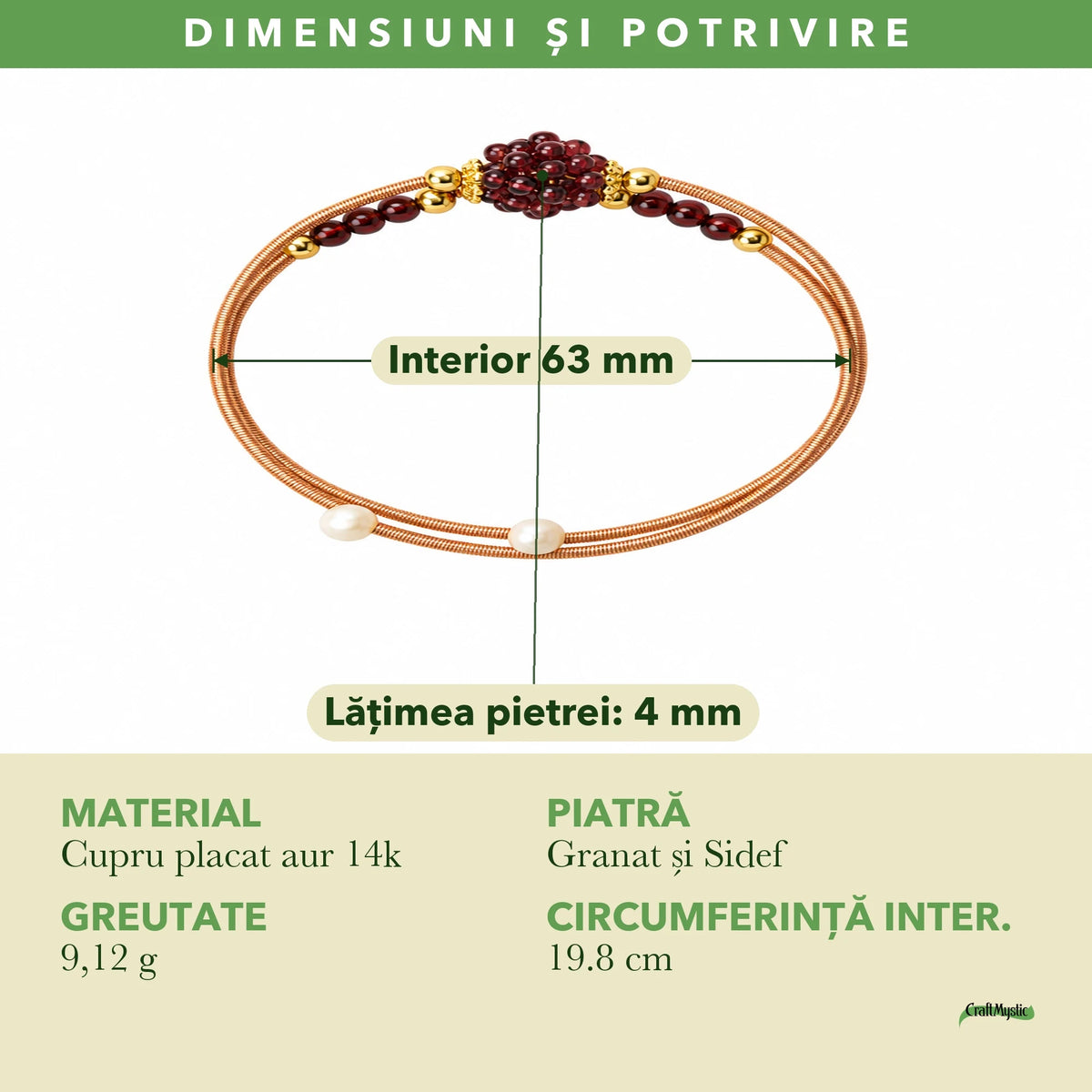 Dimensiunile și potrivirea pentru Brățară cu Granat