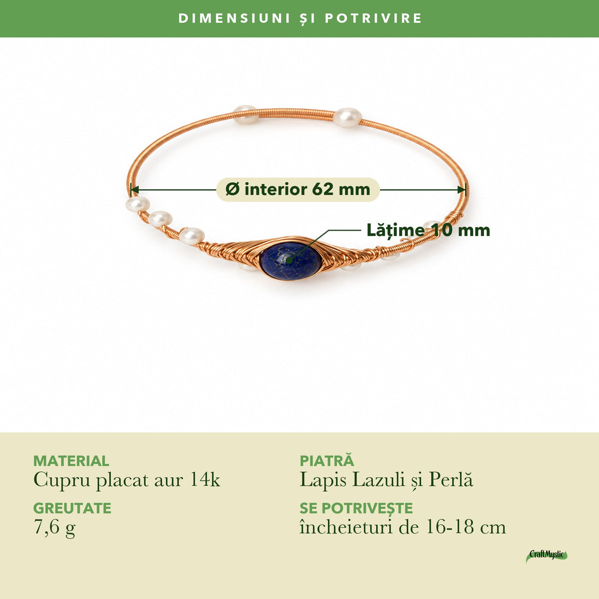Dimensiunile și potrivirea pentru Brățară cu Lapis Lazuli