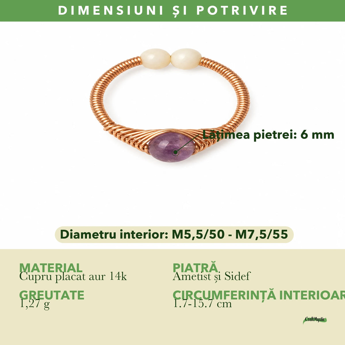 Dimensiunile și potrivirea pentru Inel cu Ametist