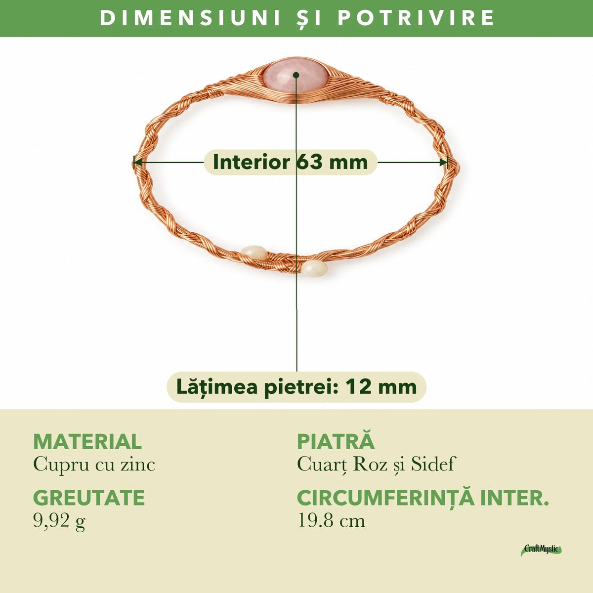 Dimensiunile și potrivirea pentru Brățară cu Cuarț Roz