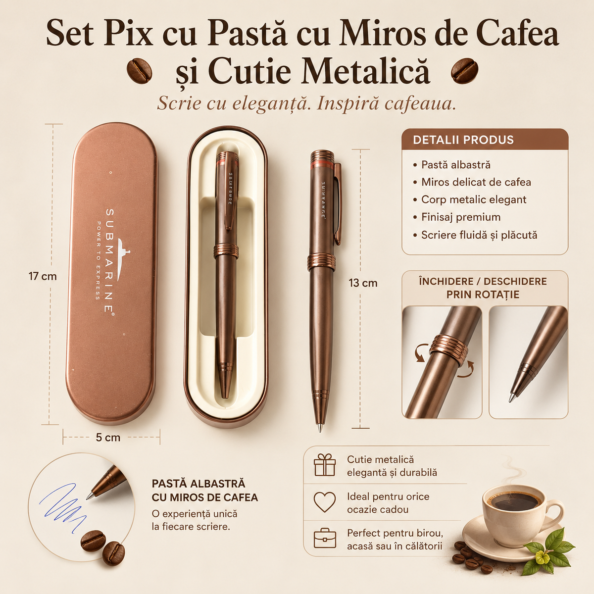 Pix metalic arămiu cu accent roșu și pastă parfumată cu cafea