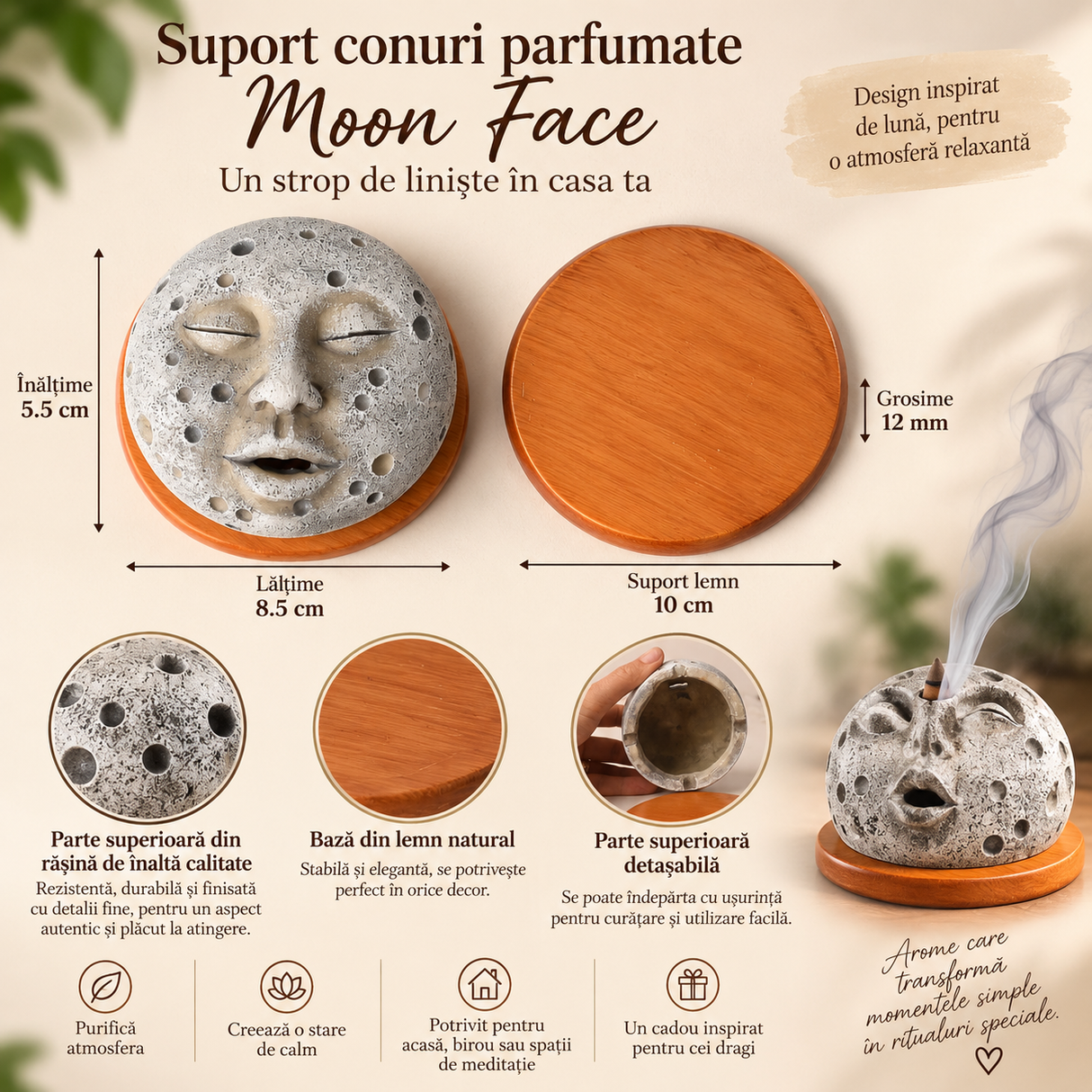 Suport conuri parfumate Moon Face din rășină și lemn