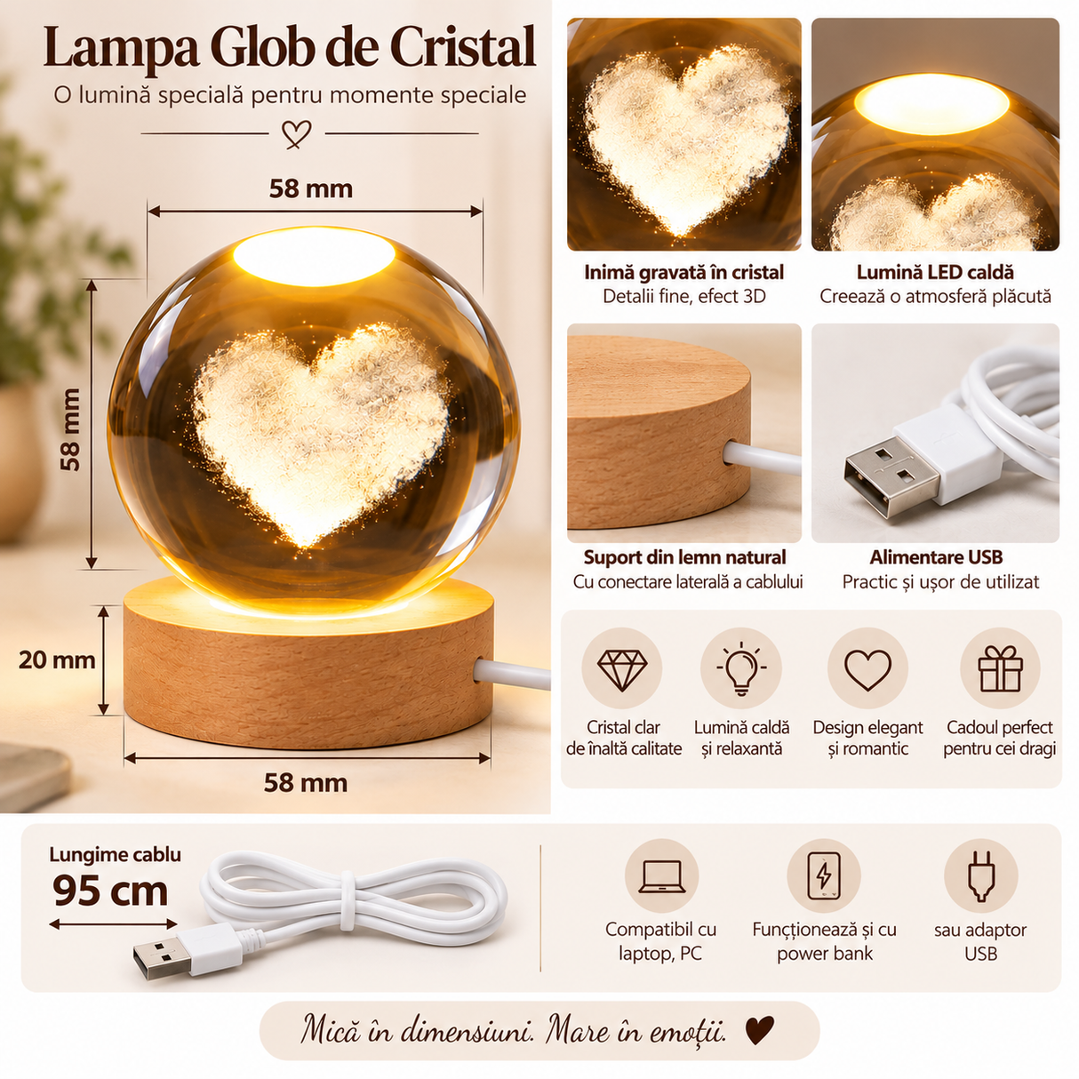 Lampă glob din sticlă cu inimă 3D și bază din lemn