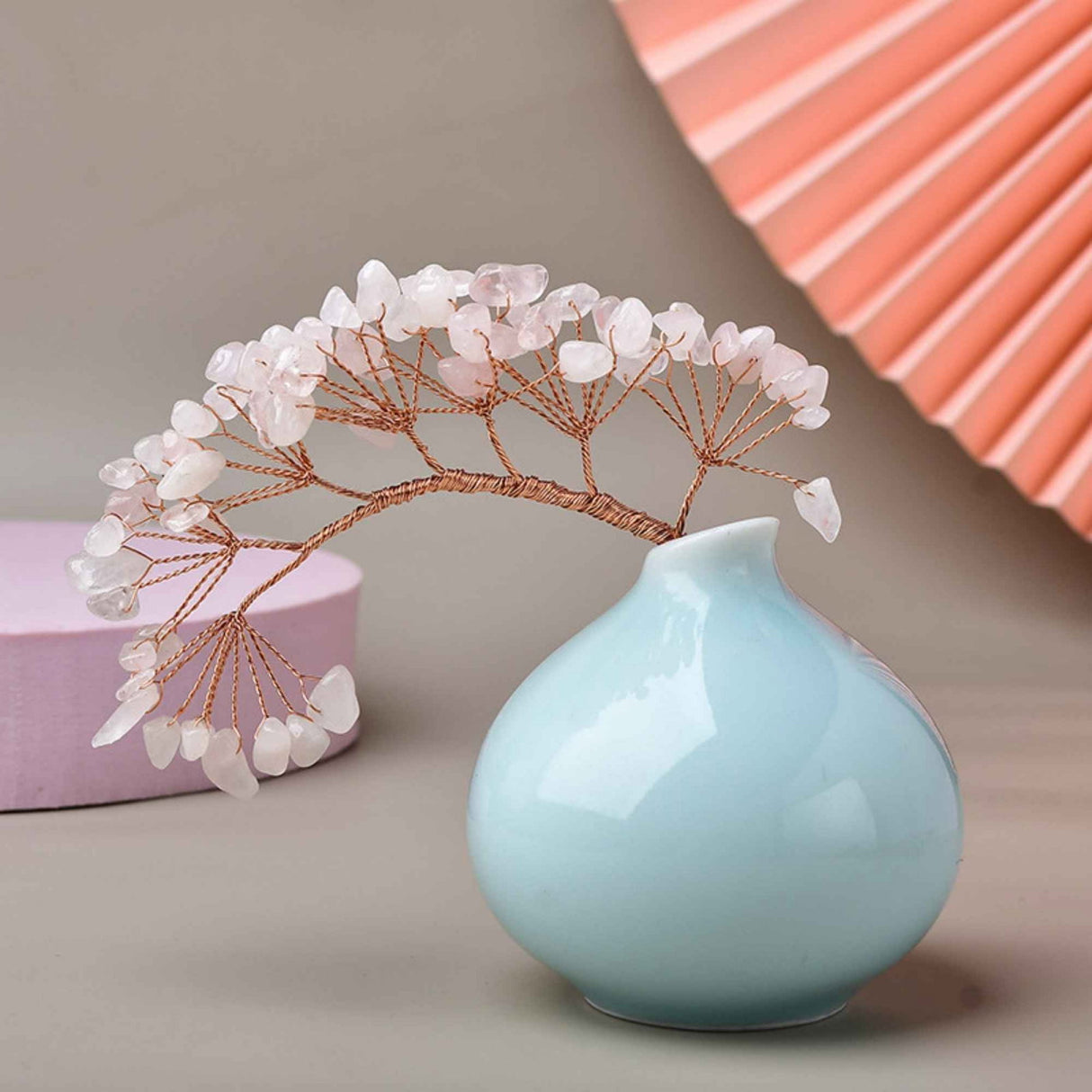 Ramura pentru creare copaci cu cristale semipretioase din Cuart Roz cu 7 mini ramuri fiecare cu 9 pietre polisate - Pentru proiecte DIY, decor, Feng Shui