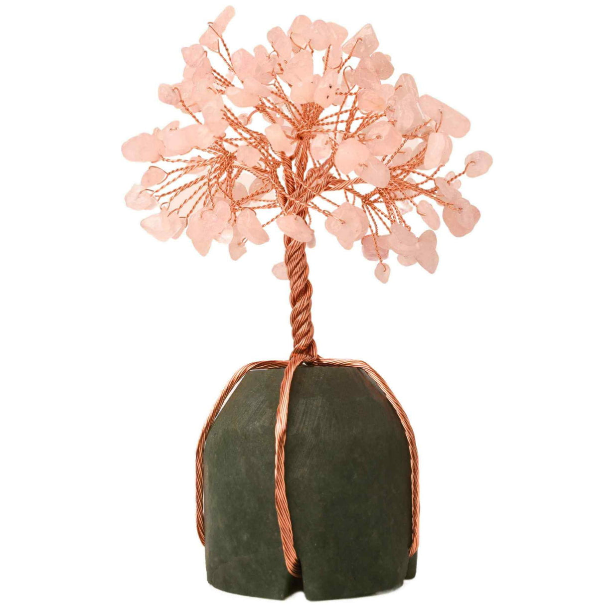 Arborele vietii 13-14 cm din pietre semipretioase polisate de cuart roz si baza de piatra naturala de aventurin verde - Copacel de cristal pentru energie pozitiva atrage norocul, decor Feng Shui, cad