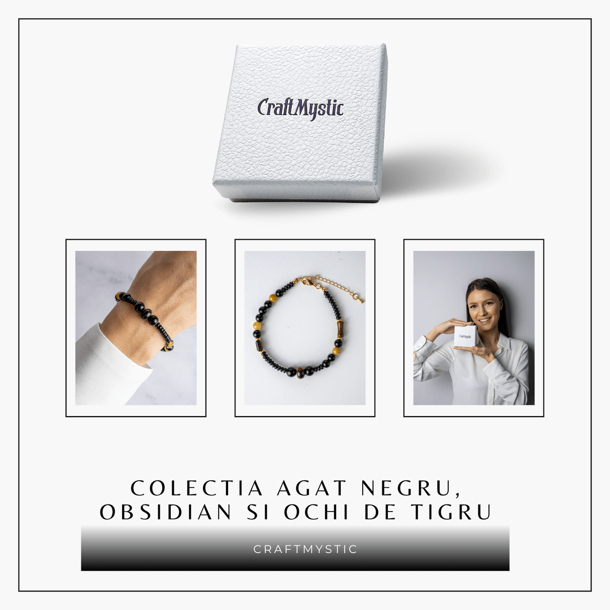 Scut Energetic - Bratara cu Agat Negru, Obsidian si Ochi de Tigru