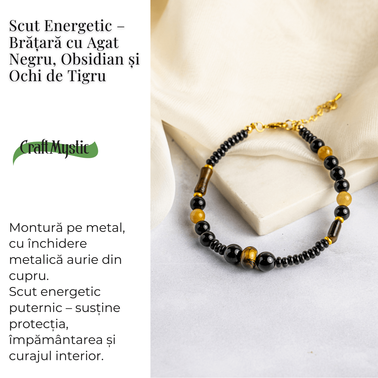 Scut Energetic - Bratara cu Agat Negru, Obsidian si Ochi de Tigru