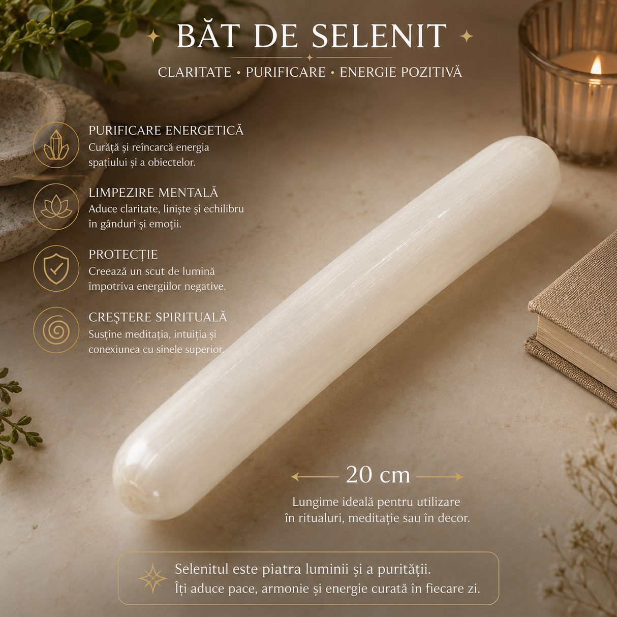 Bat de Selenit Natural 20 cm – Purificare Energetica si Claritate Interioara