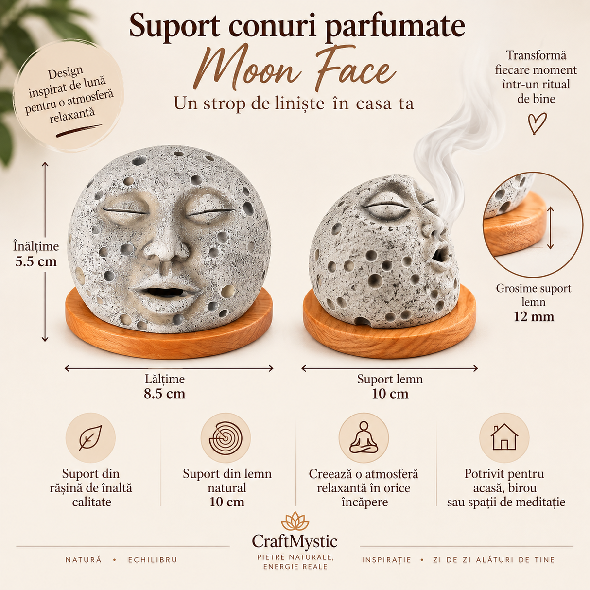 Suport conuri parfumate Moon Face din rășină și lemn
