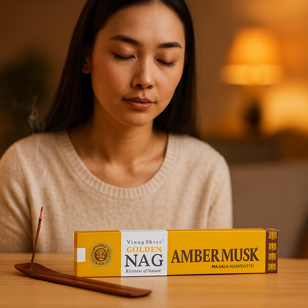 Betisoare Parfumate Golden Nag Amber Musk - Arome Calde, Confort si Atmosfera Sacra