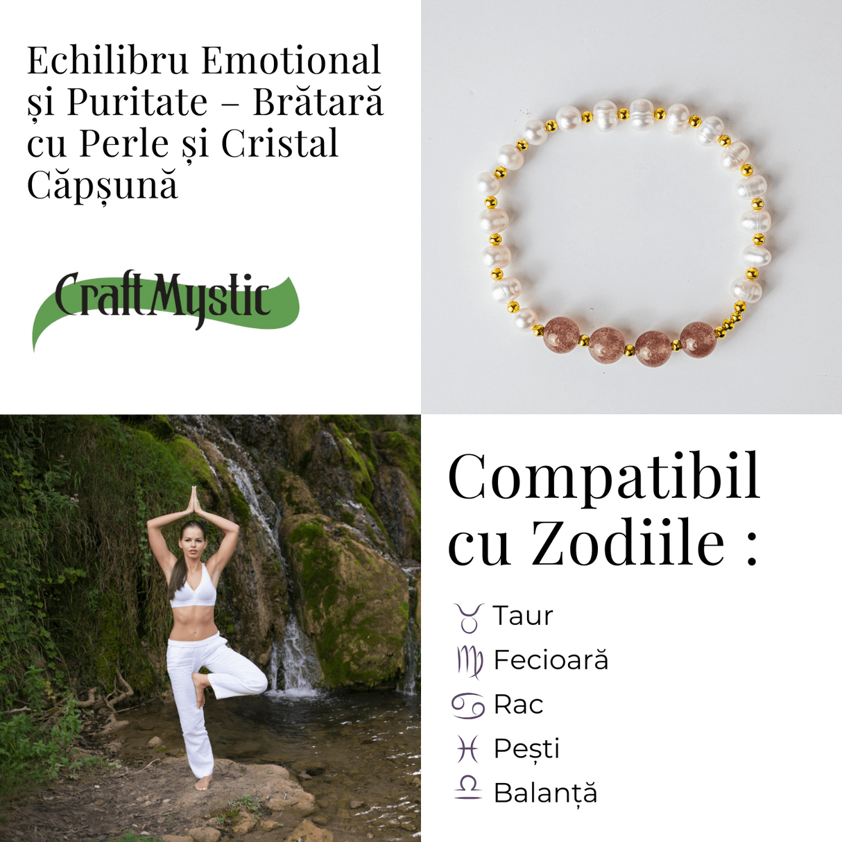 Echilibru Emotional si Puritate - Bratara cu Perle si Cristal capsuna