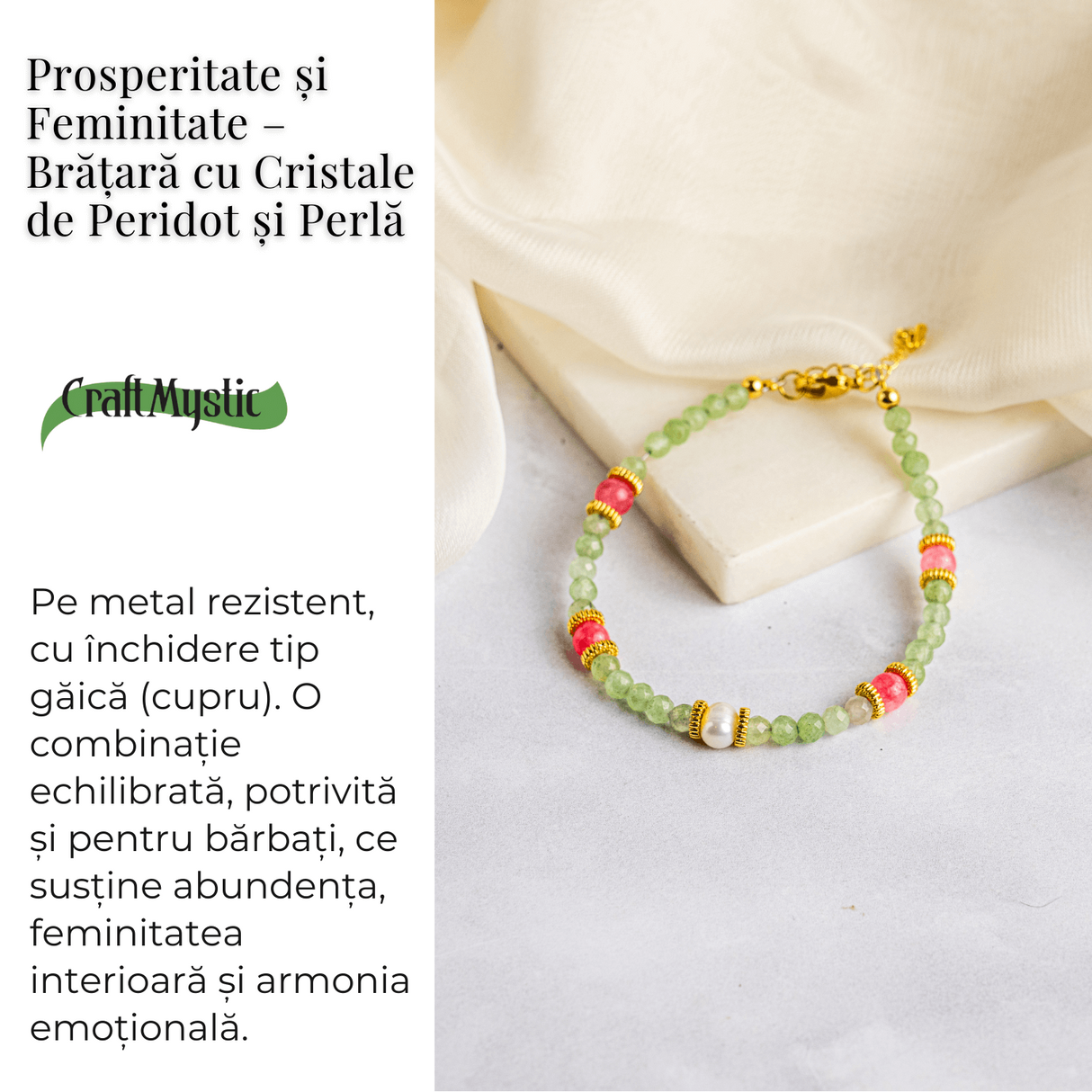 Prosperitate si Feminitate - Bratara cu Cristale de Peridot si Perla
