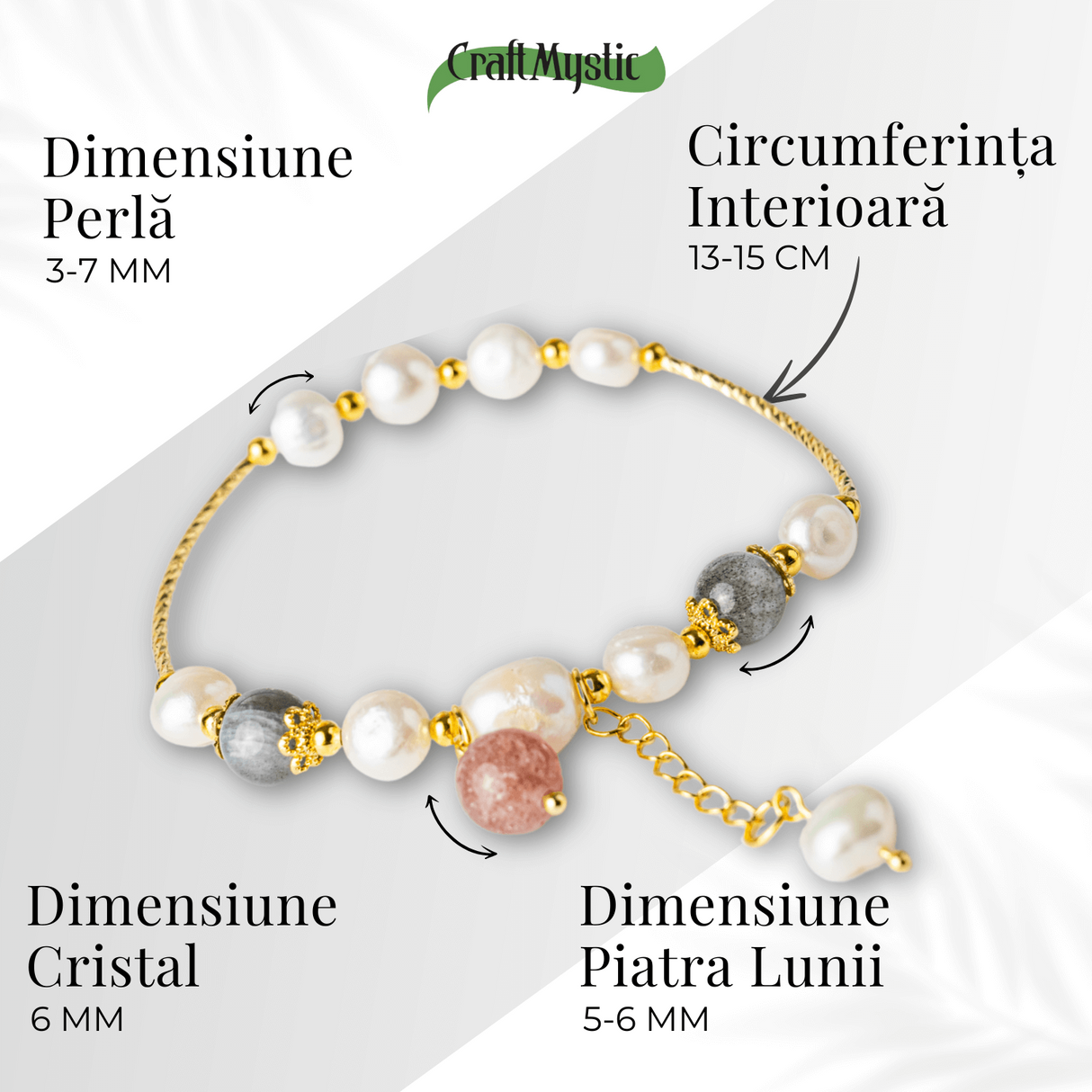 Energie Feminina- Bratara cu Perle, Piatra lunii si Cristal Capsuna