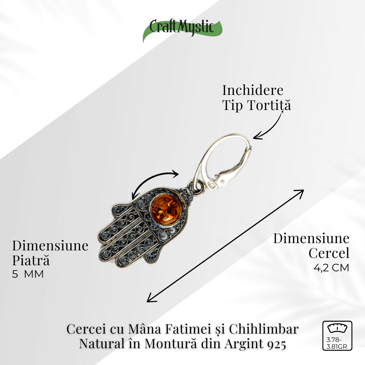 Mana protectiei blande - Cercei cu Mana Fatimei si chihlimbar in montura argint 925