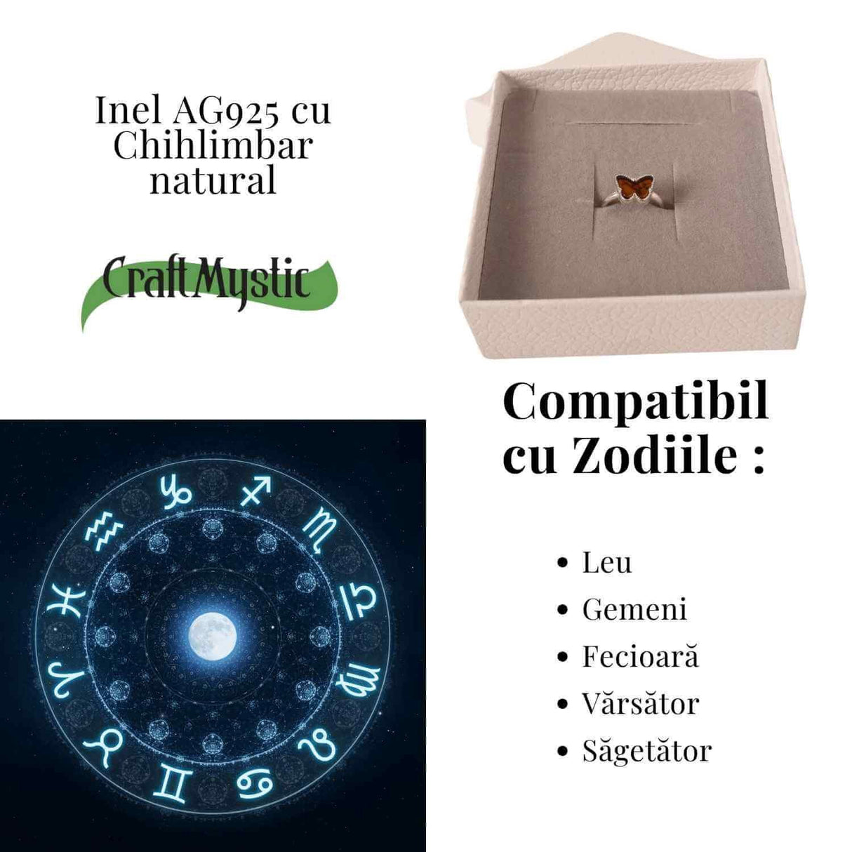Inel fluture din argint 925 si chihlimbar- Simbol al transformarii blande si al luminii interioare