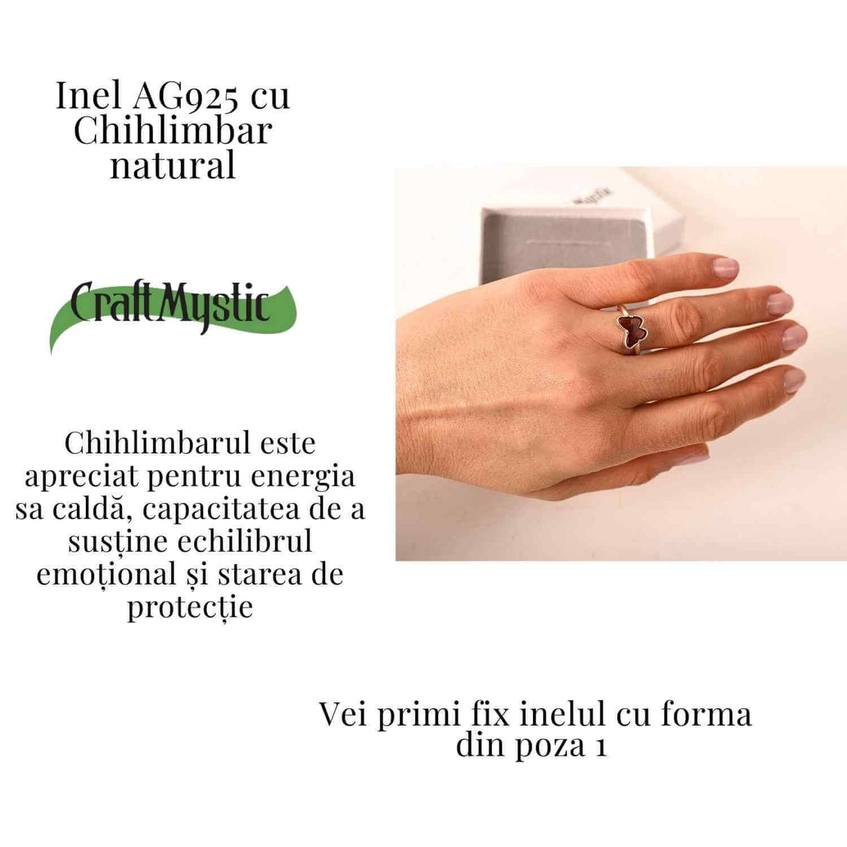 Inel fluture din argint 925 si chihlimbar- Simbol al transformarii blande si al luminii interioare