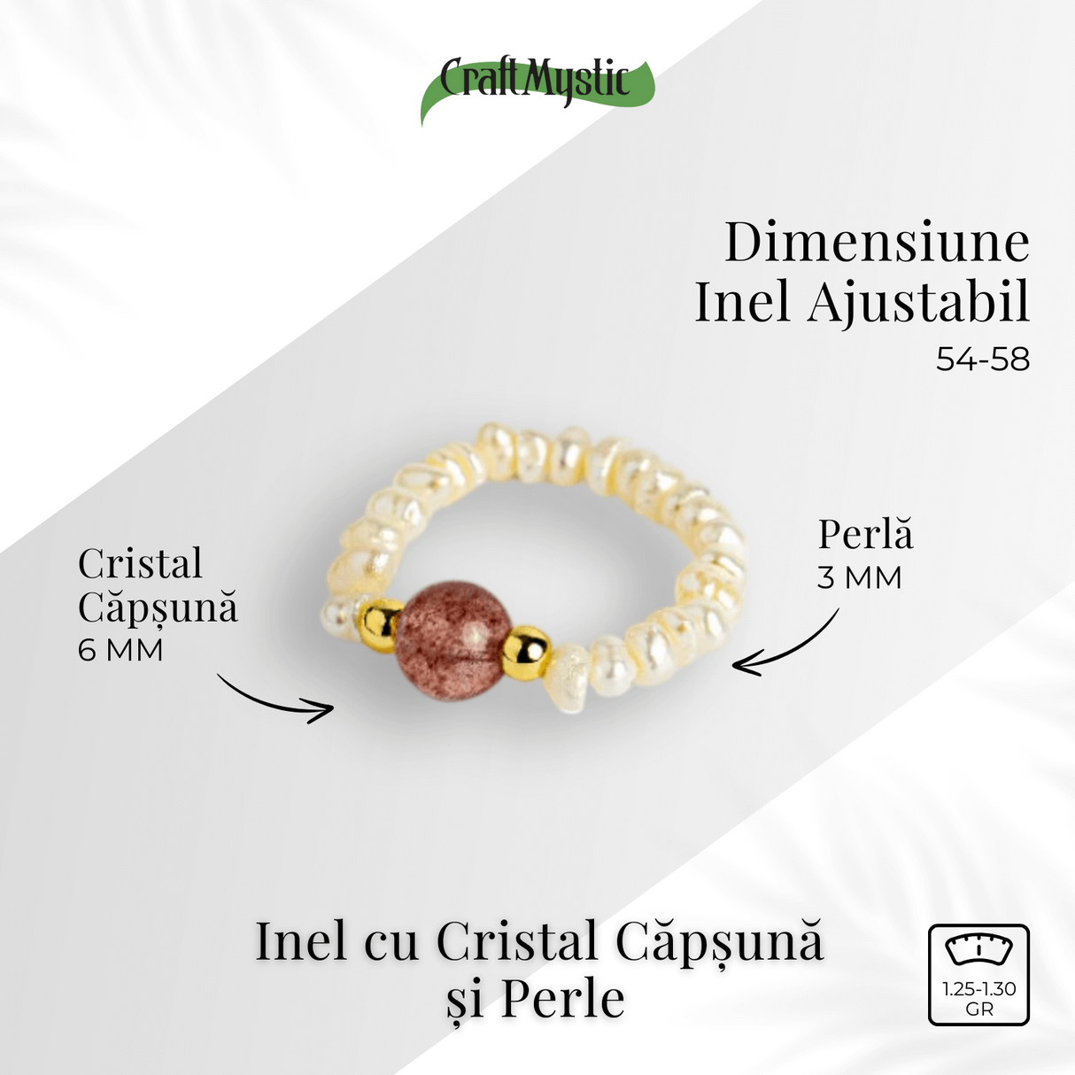 Inel cu sens - Cristal capsuna si perle pentru armonie emotionala