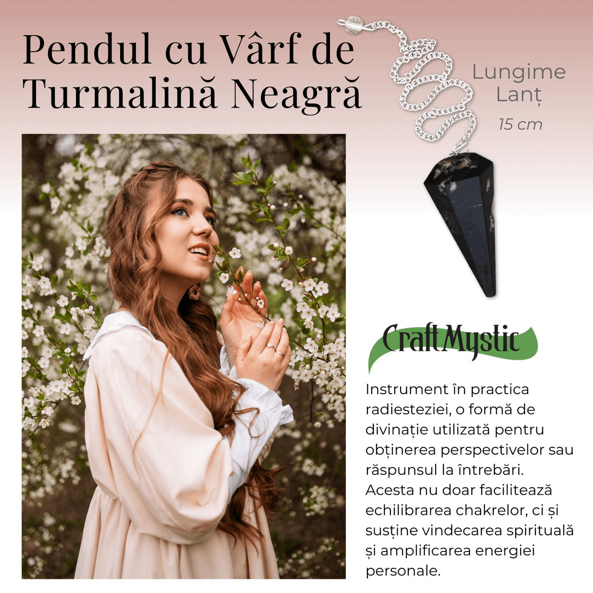 Pendul de Radiestezie cu Varf de Turmalina Neagra Naturala 45 mm