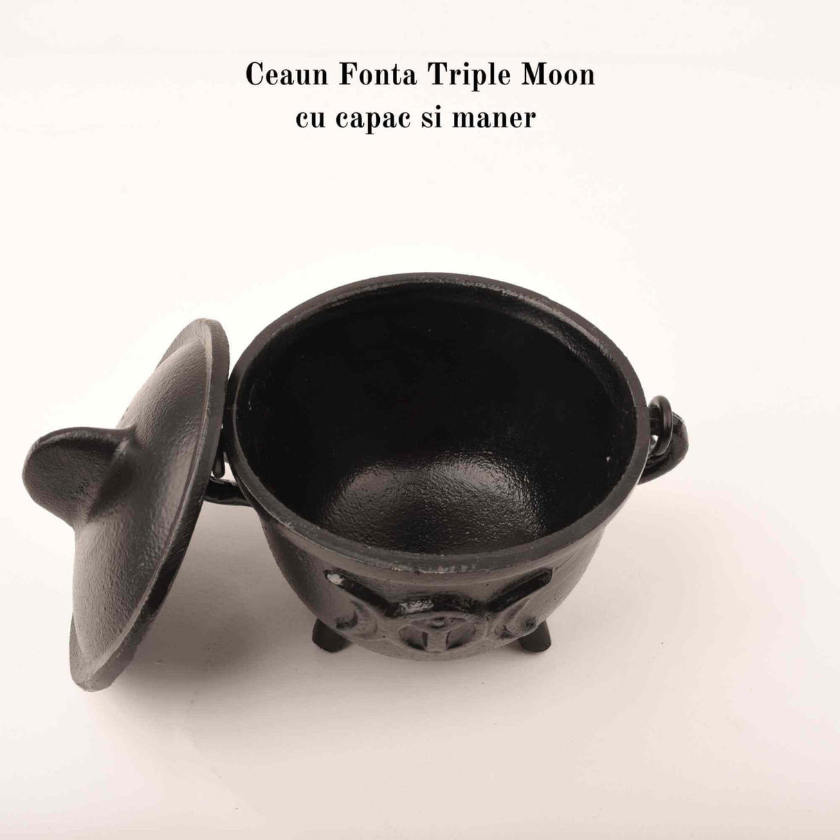 Ceaun "Cauldron" din Fonta cu design Triple Moon, cu Capac si Maner - Cazan de Vrajitoare, Ideal pentru Arderea Tamaii pe Carbune si Smudging cu Salvie