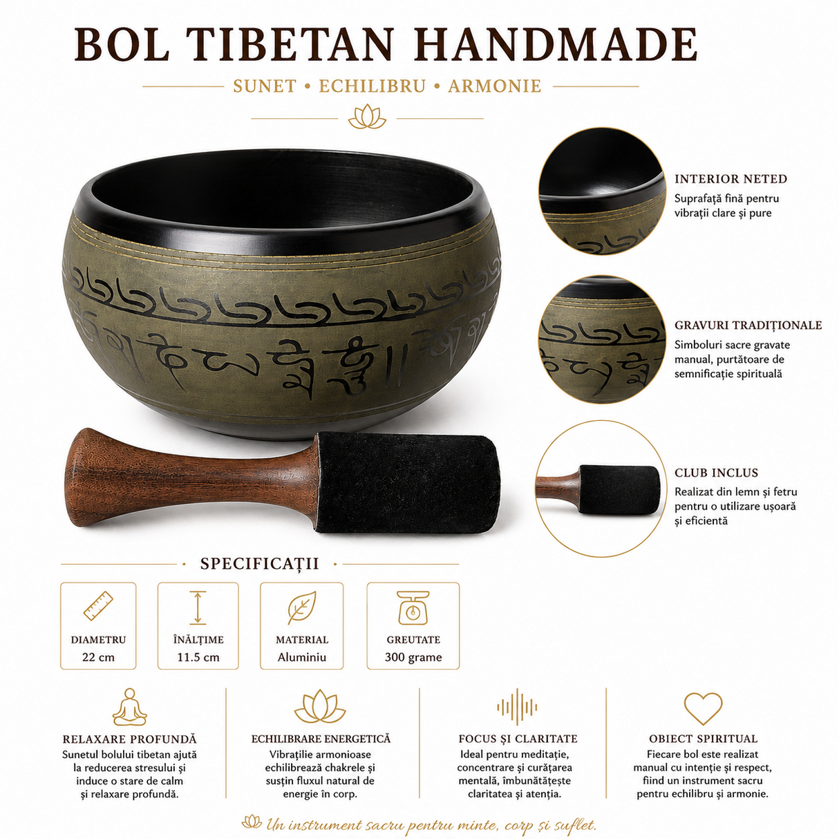 Bol Tibetan din Aluminiu Rotund 22 cm – Armonie, Relaxare si Echilibru Interior