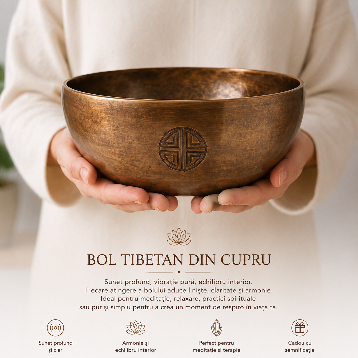 Bol Tibetan din Cupru Rotund 22.5 cm – Armonie Interioara si Relaxare Profunda