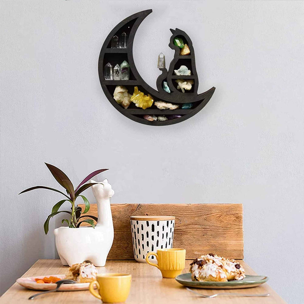 Mini Raft 30x30 cm expunere din lemn pentru cristale, uleiuri esensiale design Pisica neagra pe luna - Decorare gotica pentru camera Moon Cat