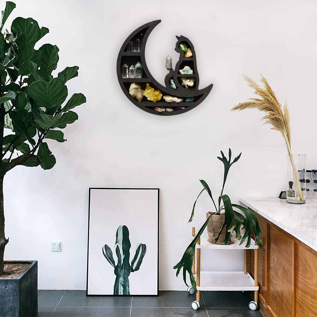 Mini Raft 30x30 cm expunere din lemn pentru cristale, uleiuri esensiale design Pisica neagra pe luna - Decorare gotica pentru camera Moon Cat