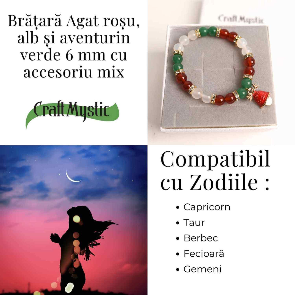 Bratara naturala Agat rosu, alb si aventurin verde cu accesoriu mixt - echilibru si noroc