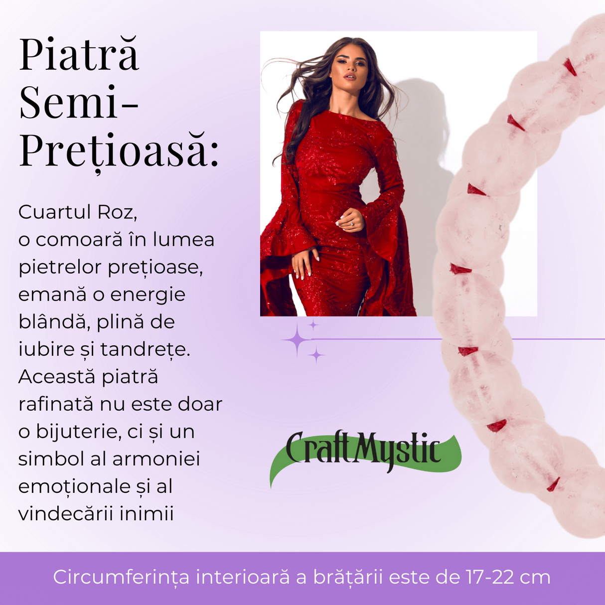 Bratara Dubla Reglabila din Cuart Roz Natural - Armonie si Dragoste