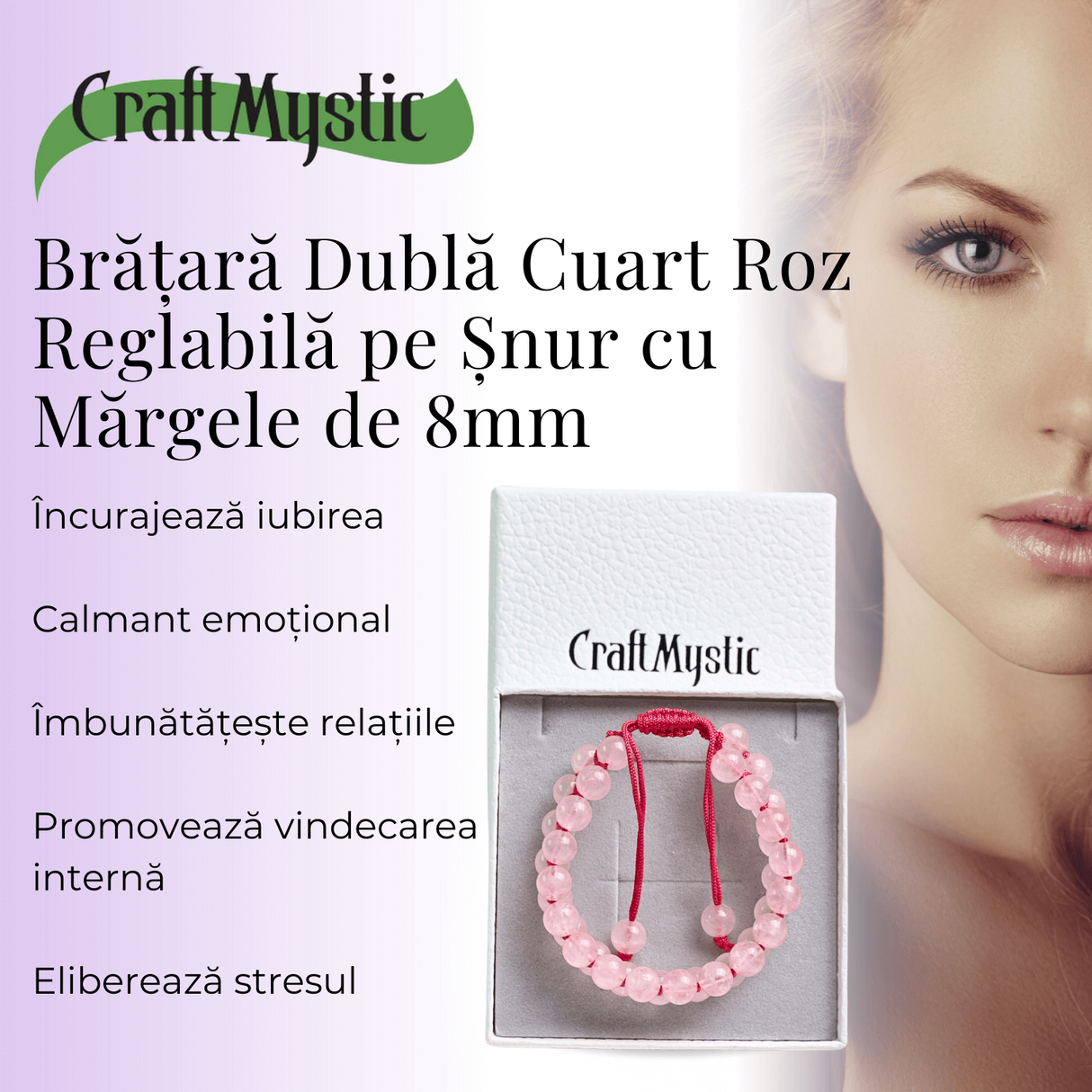 Bratara Dubla Reglabila din Cuart Roz Natural - Armonie si Dragoste