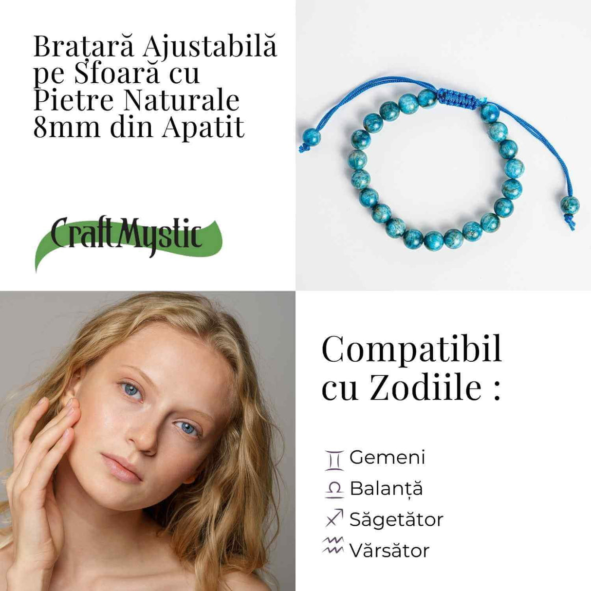 Bratara Ajustabila pe Sfoara cu Pietre Naturale 8mm din Apatit - Echilibru si Energie Pozitiva