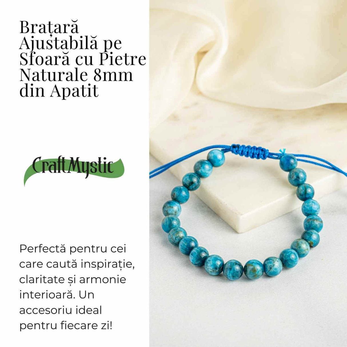 Bratara Ajustabila pe Sfoara cu Pietre Naturale 8mm din Apatit - Echilibru si Energie Pozitiva