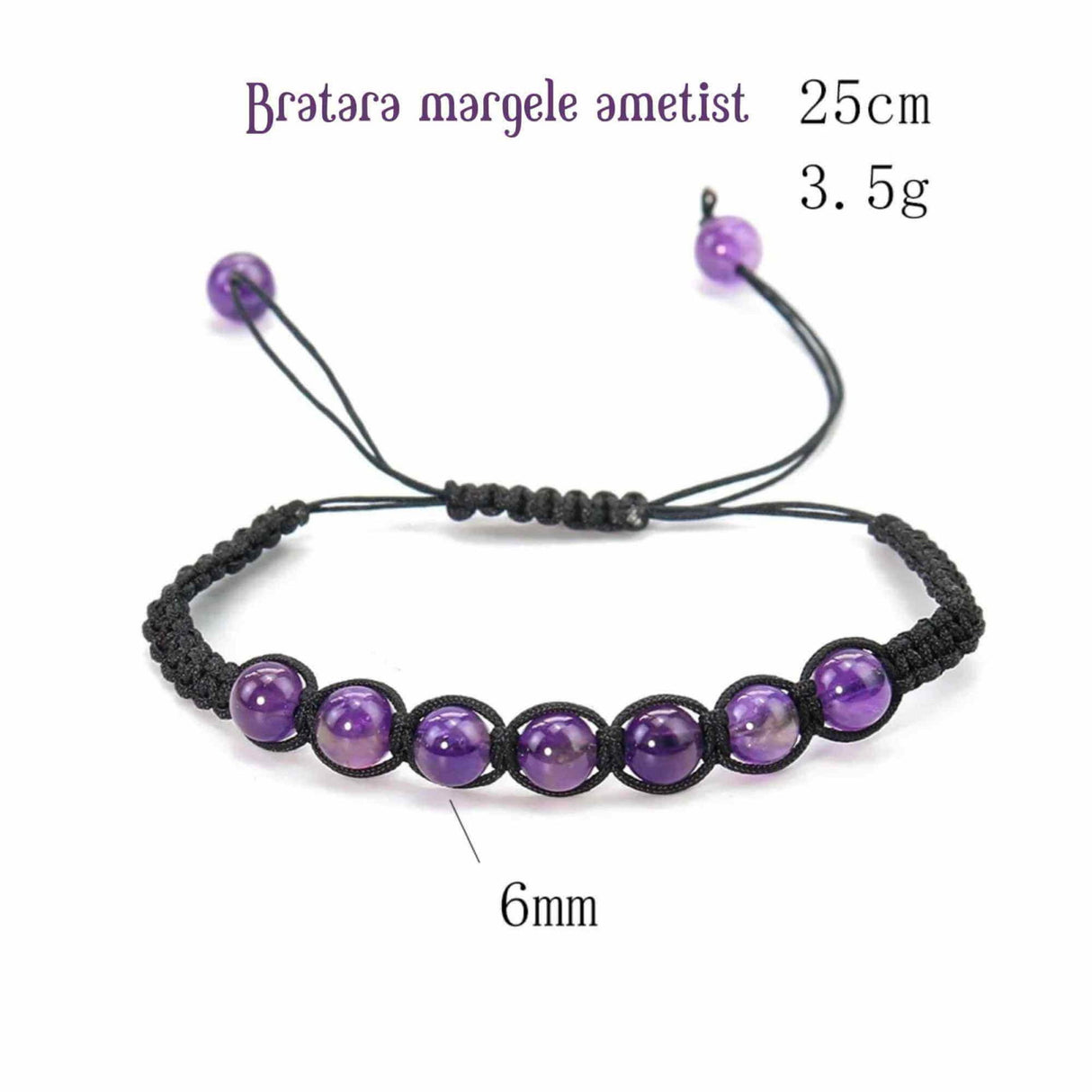 Bratara Handmade Reglabila cu Margele 6mm Rotunde de Ametist si Ciucuri Macrame